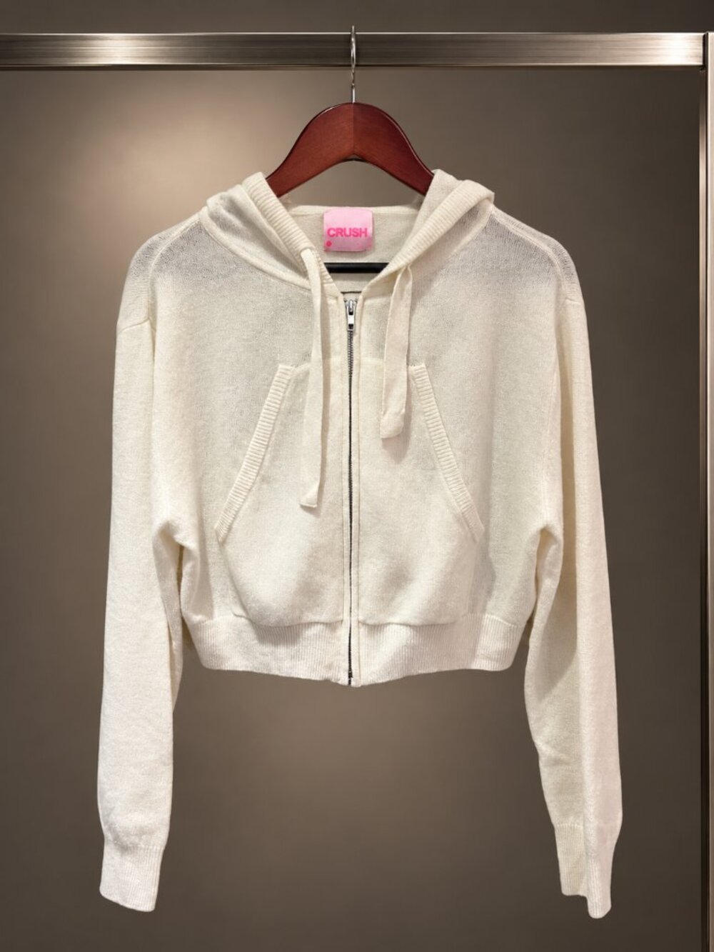 CRUSH. Cashmere Cropped Zip Hoodie Y2K Upside Down Smiley Ivory Size 0